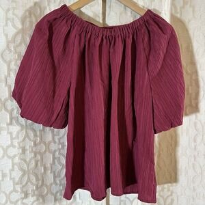 Ann Taylor Women Short Puff Sleeve Blouse Top Shirt Maroon Size Medium